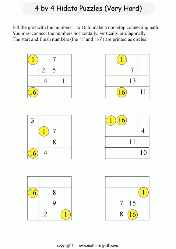 4 By 4 Hidato Number Snake Puzzles For Kids