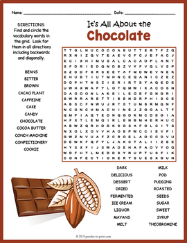 All About Chocolate Word Search FUN By Puzzles To Print TpT