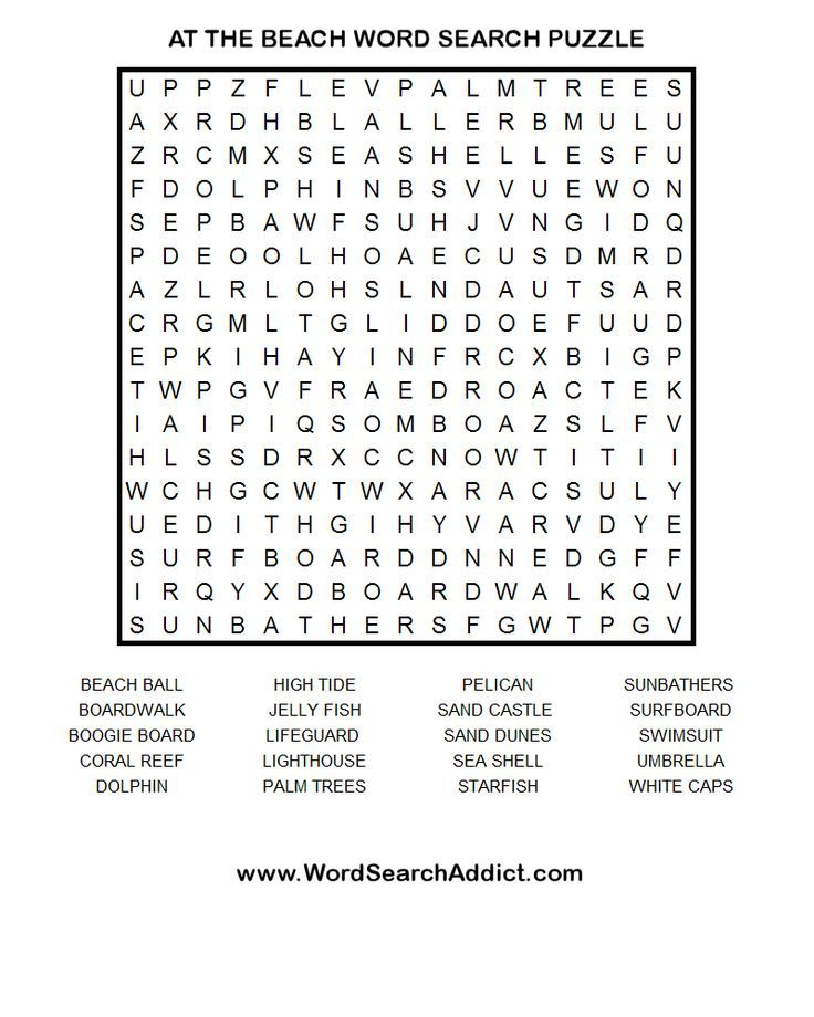 At The Beach Printable Word Search Puzzle Word Search 