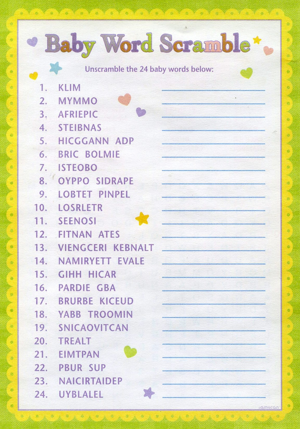 Baby Shower Word Scramble Game International Photo 