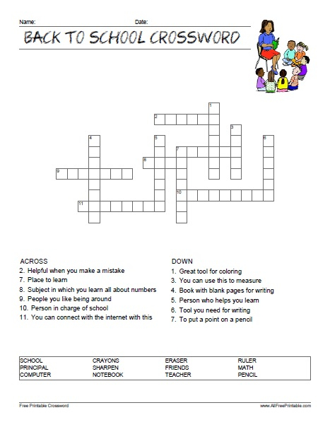 Back To School Crossword Puzzle Free Printable 