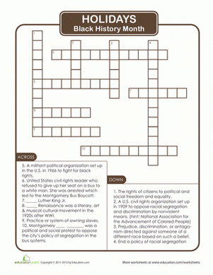 Black History Month Crossword Puzzle Worksheet 