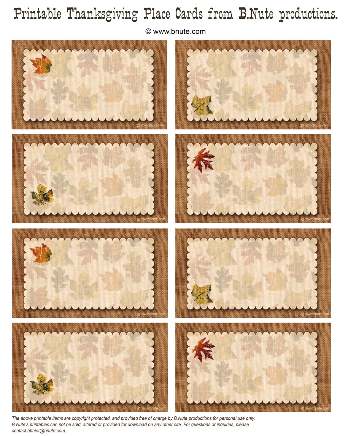 Bnute Productions Free Printable Autumn Place Cards