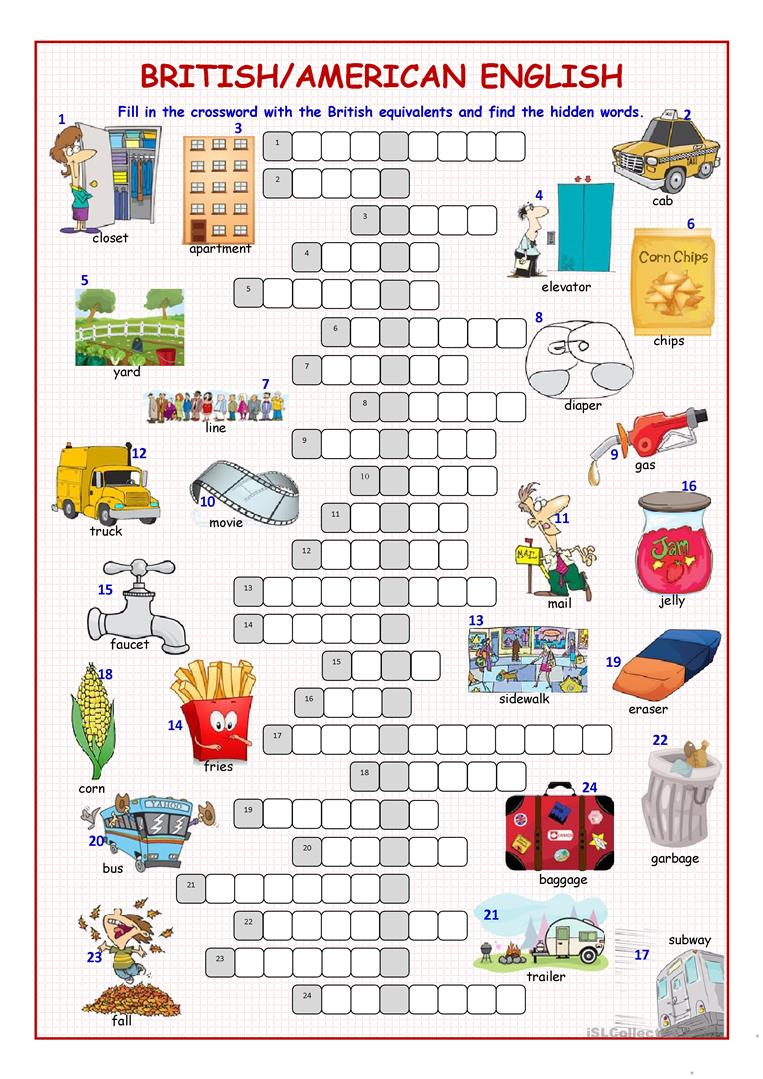 British American English Crossword Puzzle English ESL 