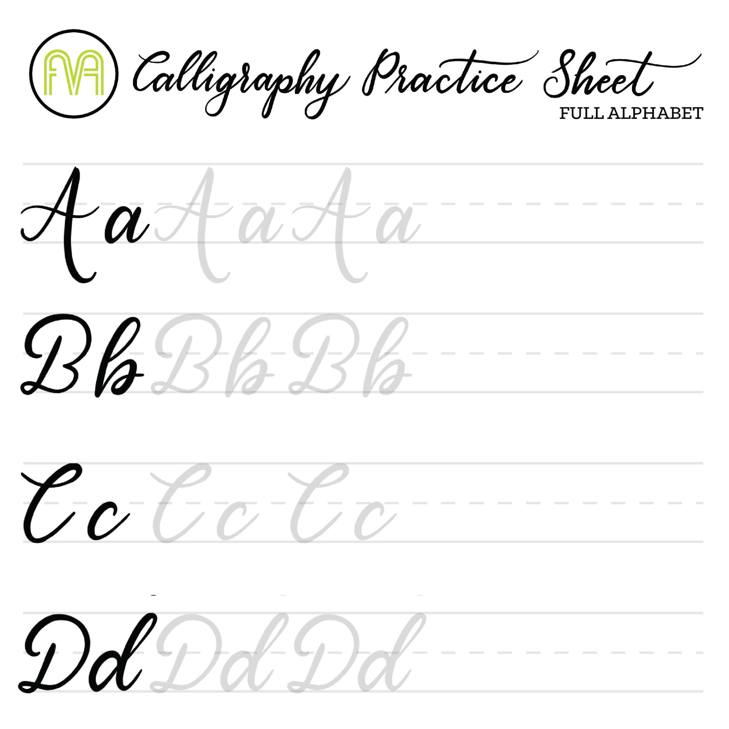 Calligraphy Practice Sheets Full Alphabet Lettering Etsy