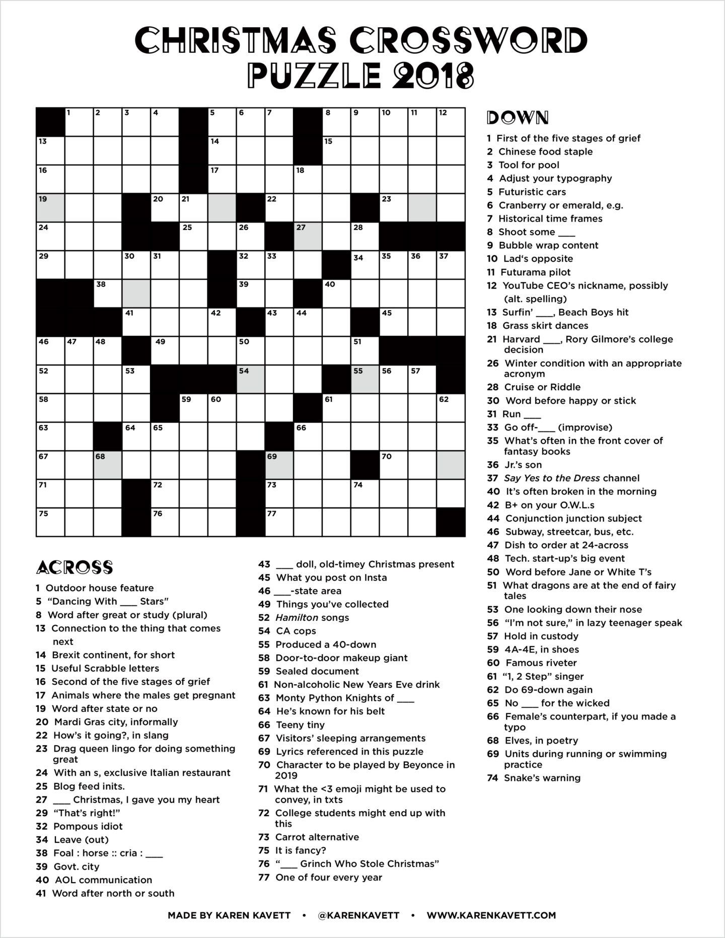 Christmas Crossword Puzzle 2018 Karen Kavett