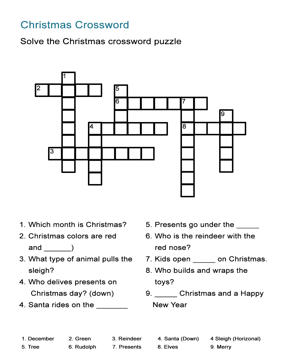 Christmas Crossword Puzzle ALL ESL