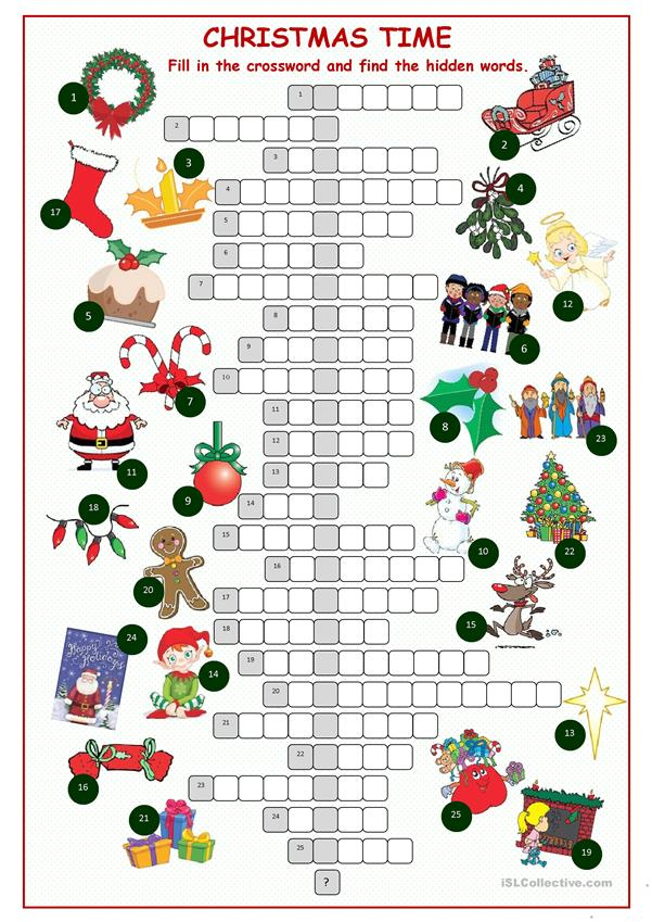 Christnas Time Crossword Puzzle Worksheet Free ESL 