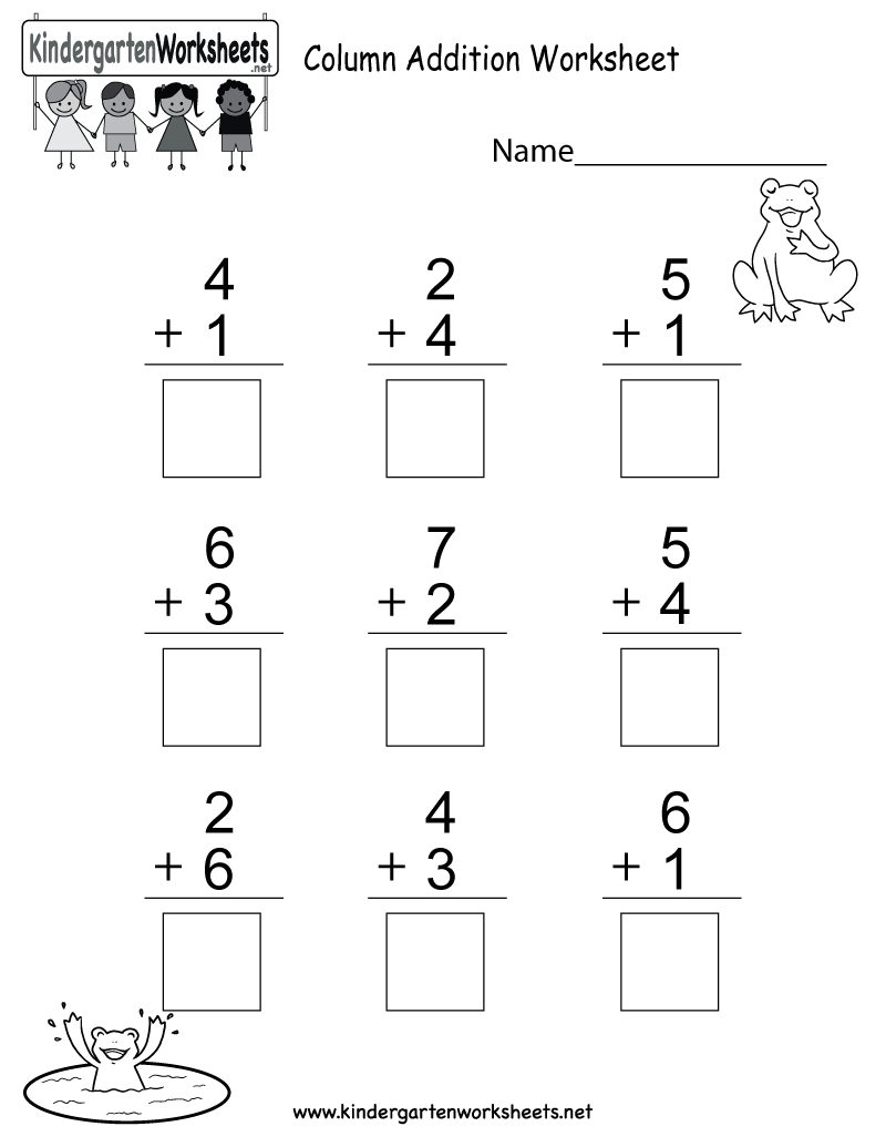 Column Addition Worksheet Free Kindergarten Math 