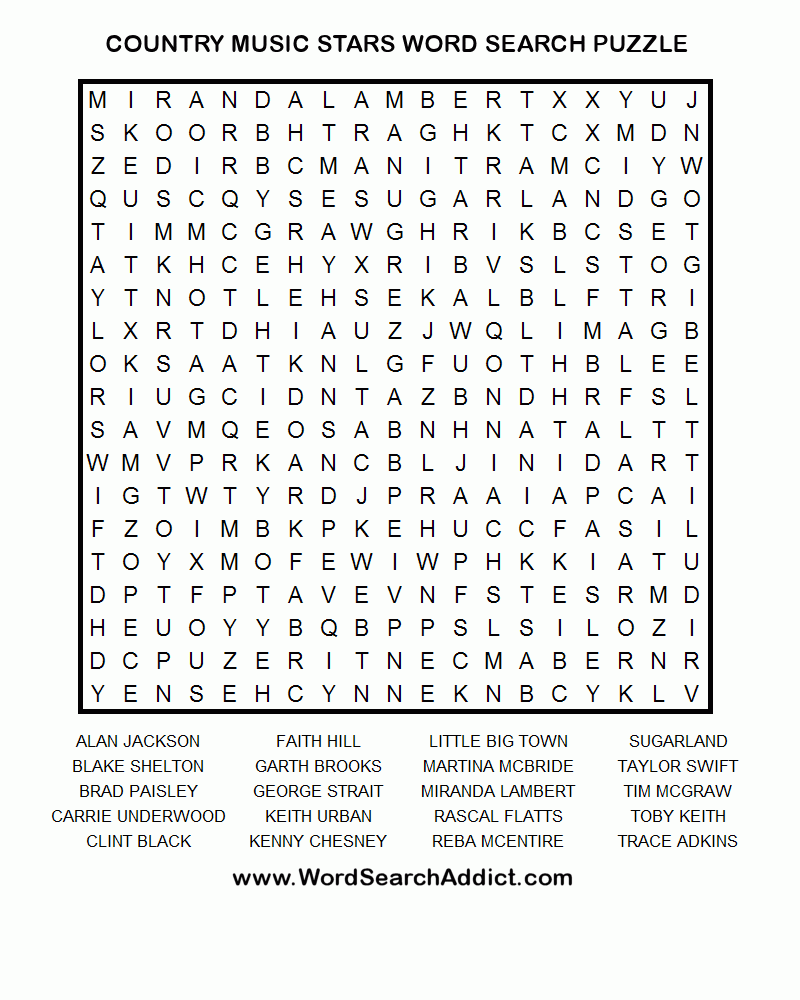 Country Music Stars Printable Word Search Puzzle Word 