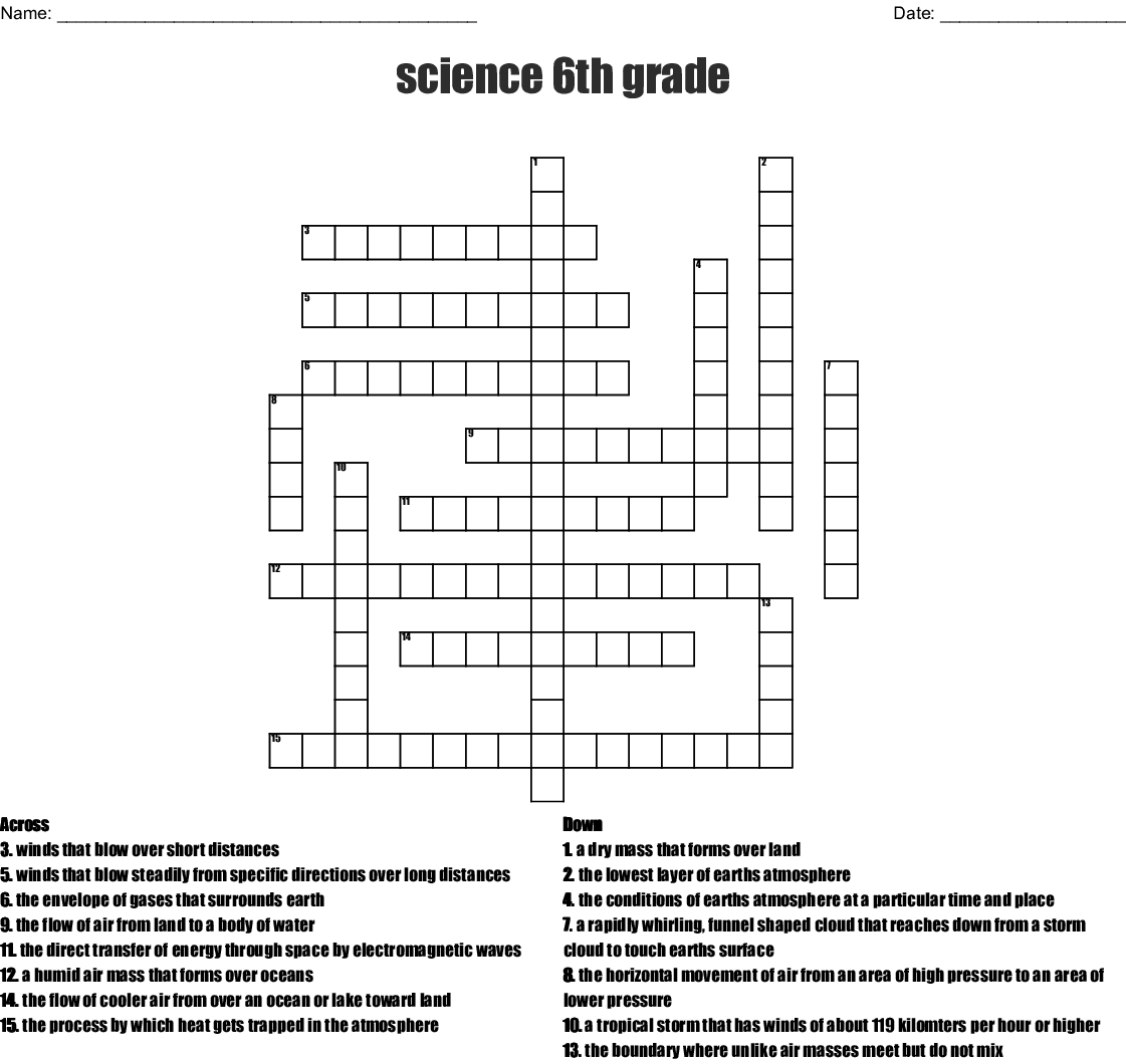 Crossword Puzzle Printable 6Th Grade Printable Crossword 