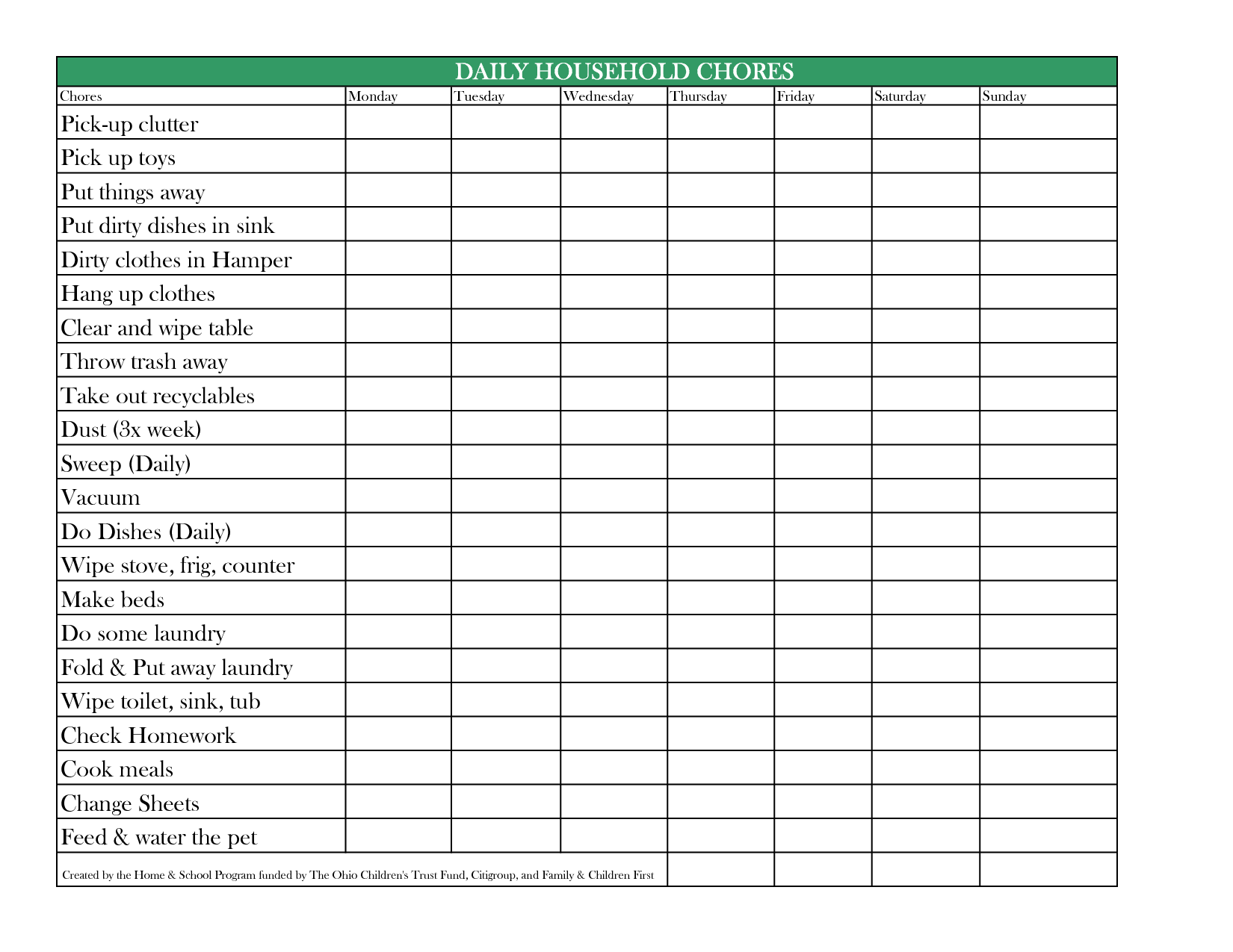 Daily Chore Chart For Adults DAILY HOUSEHOLD CHORES 