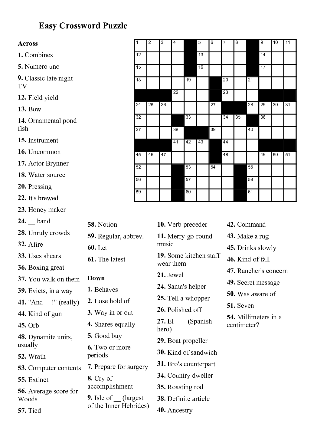 Easy Crossword Puzzles Printable Daily Template