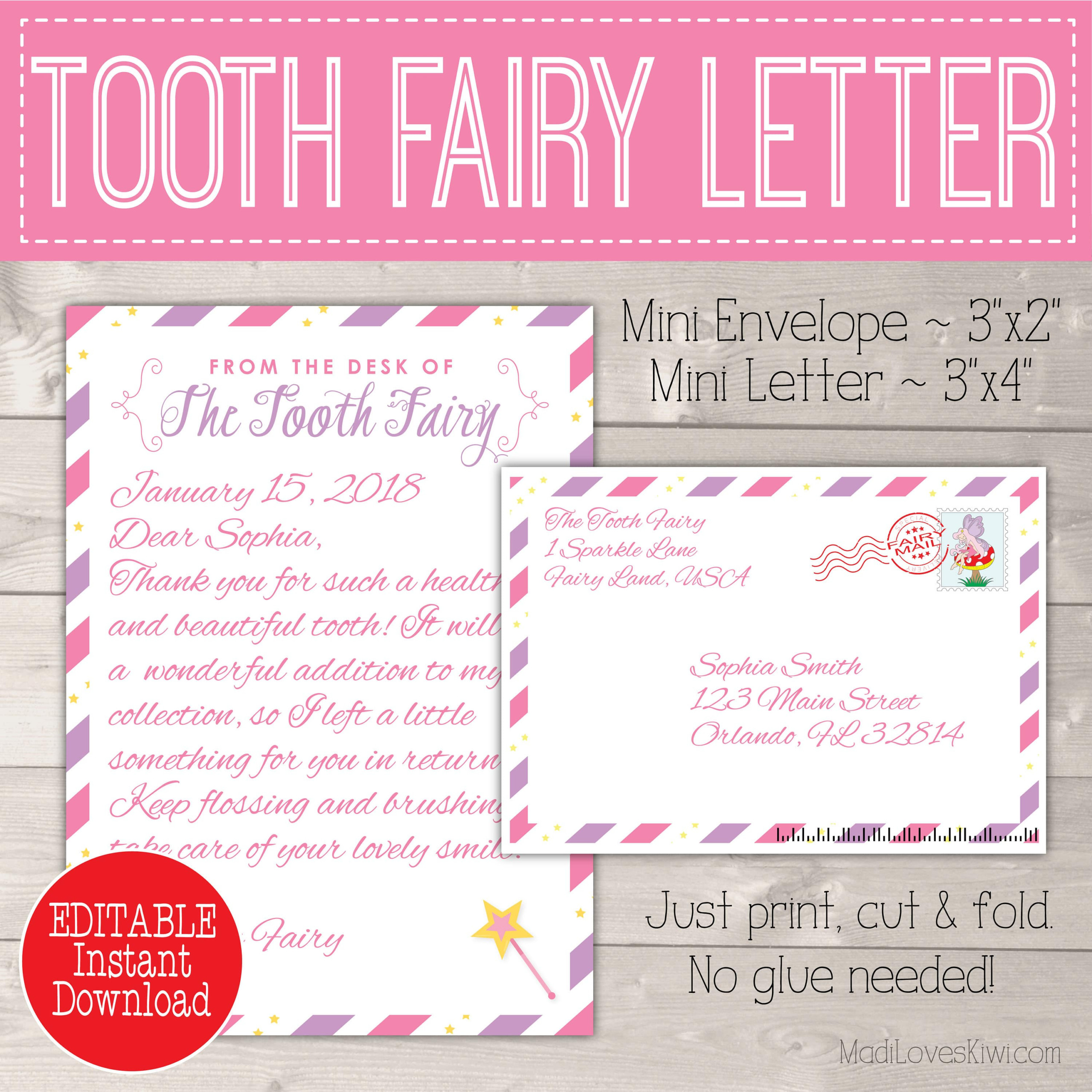 Editable Tooth Fairy Letter With Envelope Printable Pink 