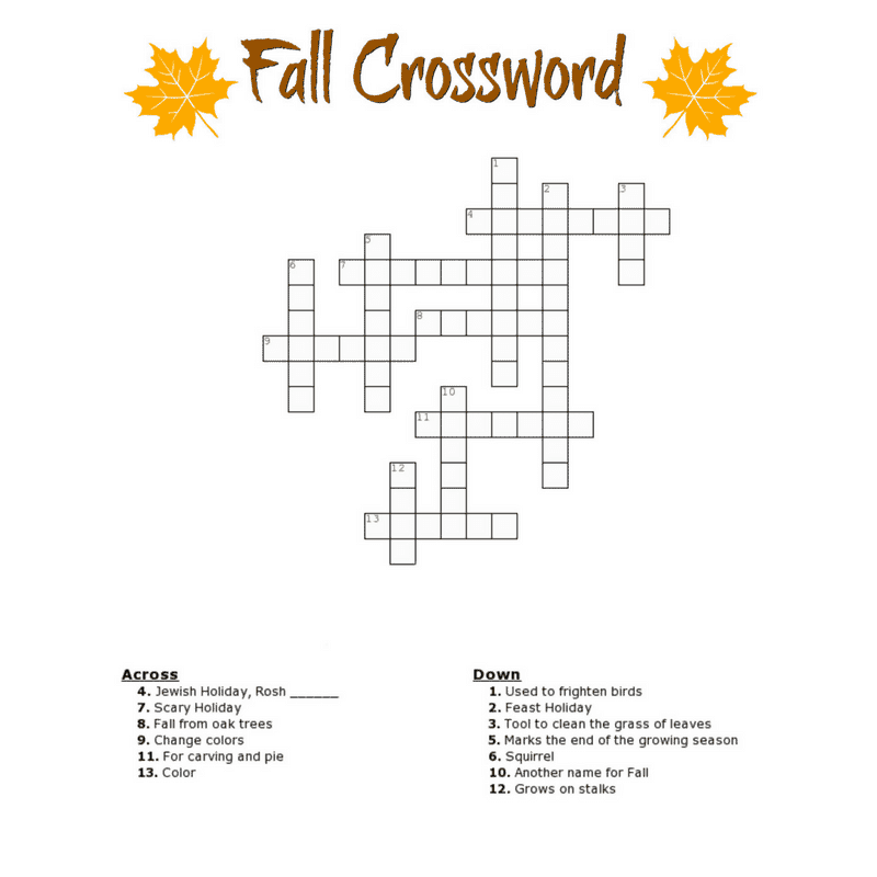 Fall Crossword Puzzle Free Printable Worksheet