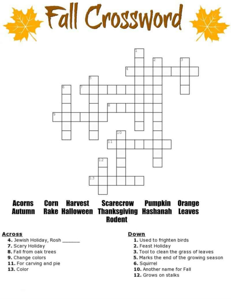 Fall Crossword Puzzle Free Printable Worksheet