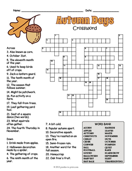 Fall Crossword Puzzle Worksheet 4 Versions By Puzzles To