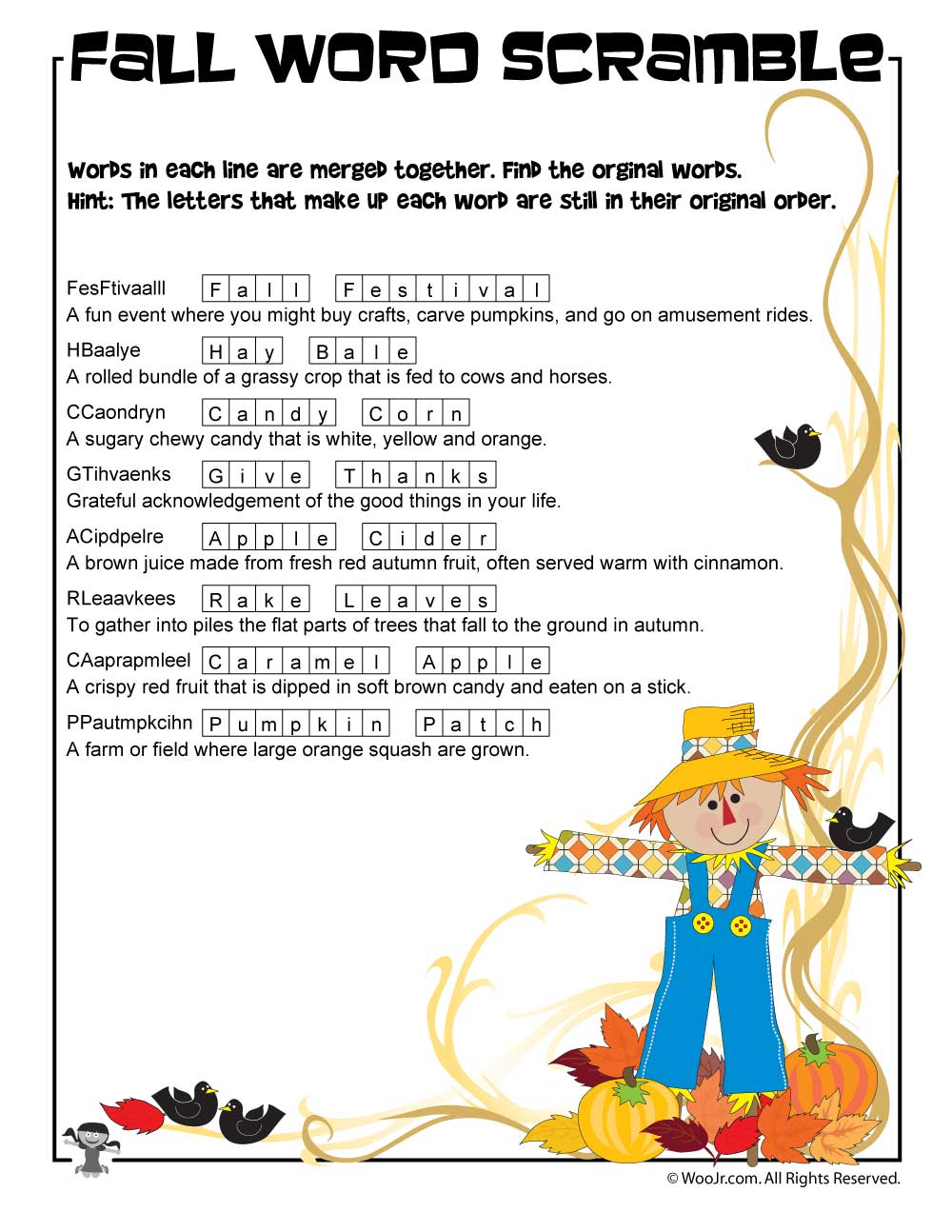 Fall Word Scramble Worksheet Answer Key Woo Jr Kids 