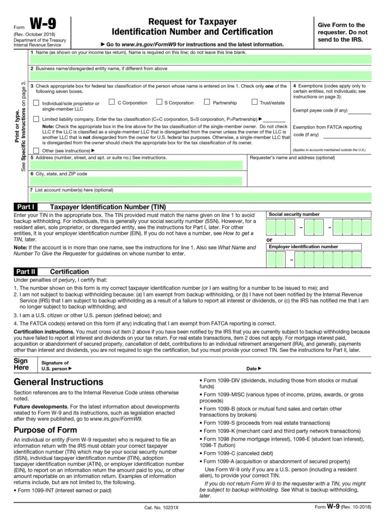 Filling IRS Form W 9 Editable Printable Blank Fill