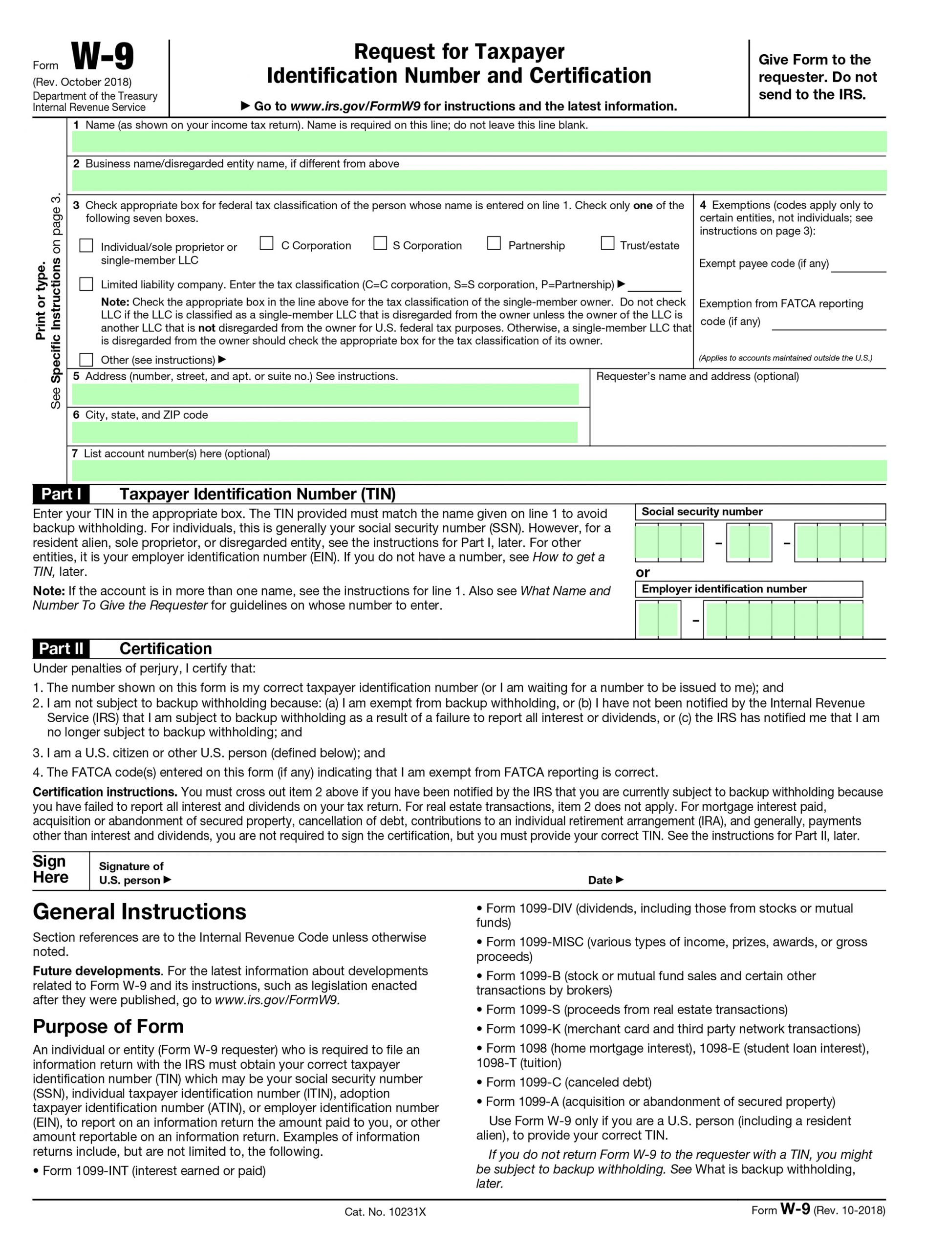 Filling IRS Form W 9 Editable Printable Blank Fill 