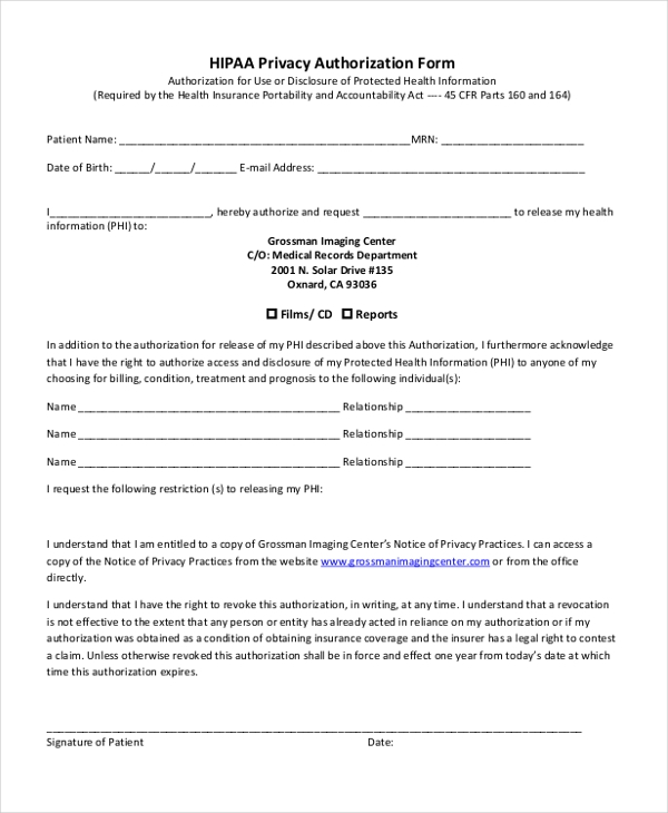 FREE 9 Sample HIPAA Authorization Forms In PDF MS Word