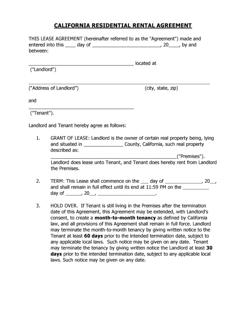 Free California Residential Rental Agreement PDF Word