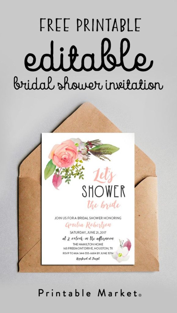 Free Editable Bridal Shower Invitation Watercolor Flowers