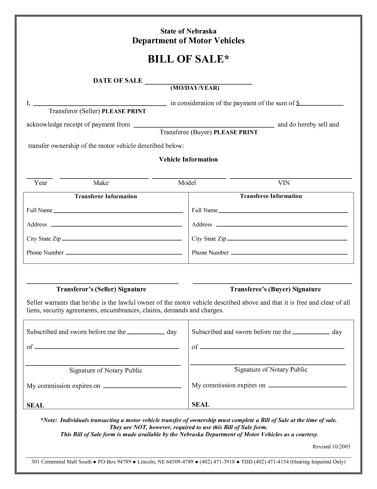 Free Printable Auto Bill Of Sale Form GENERIC Sample 