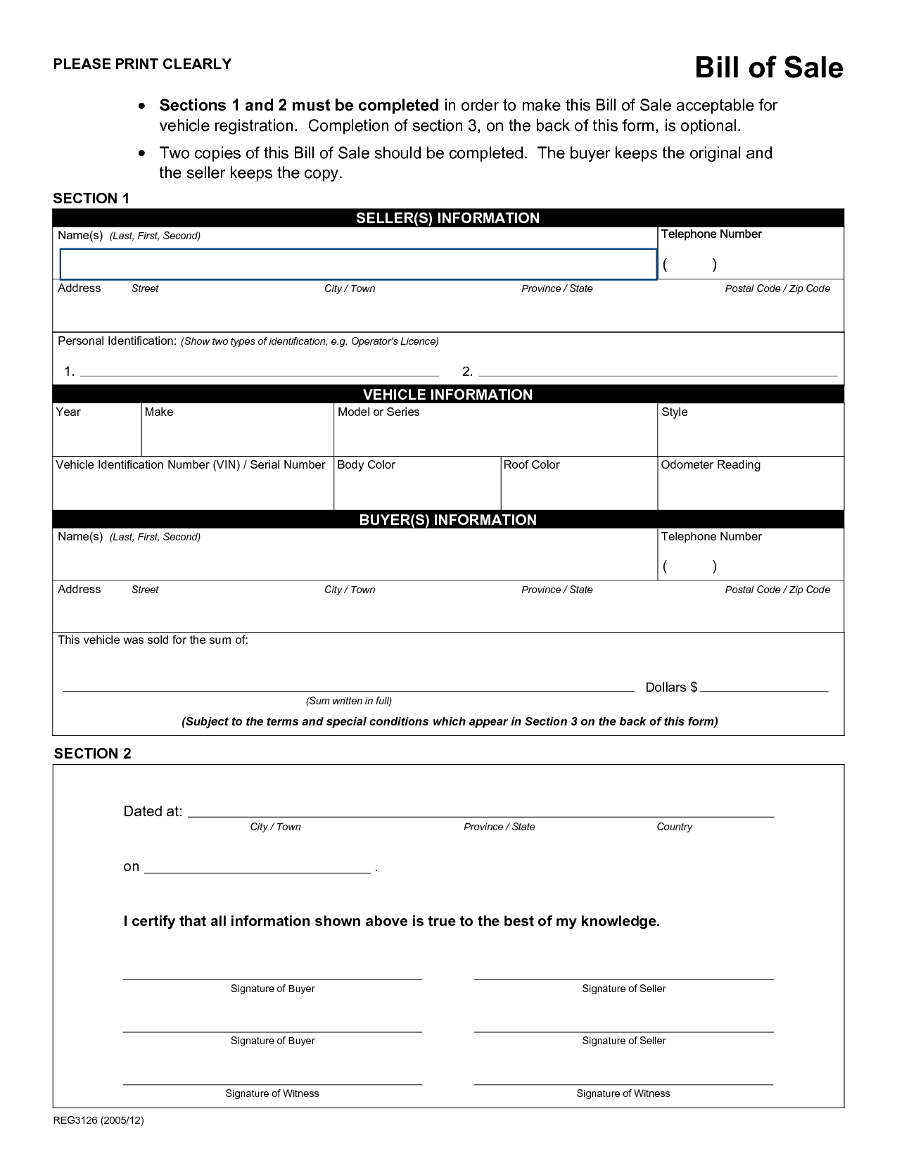 Free Printable Auto Bill Of Sale Form GENERIC 