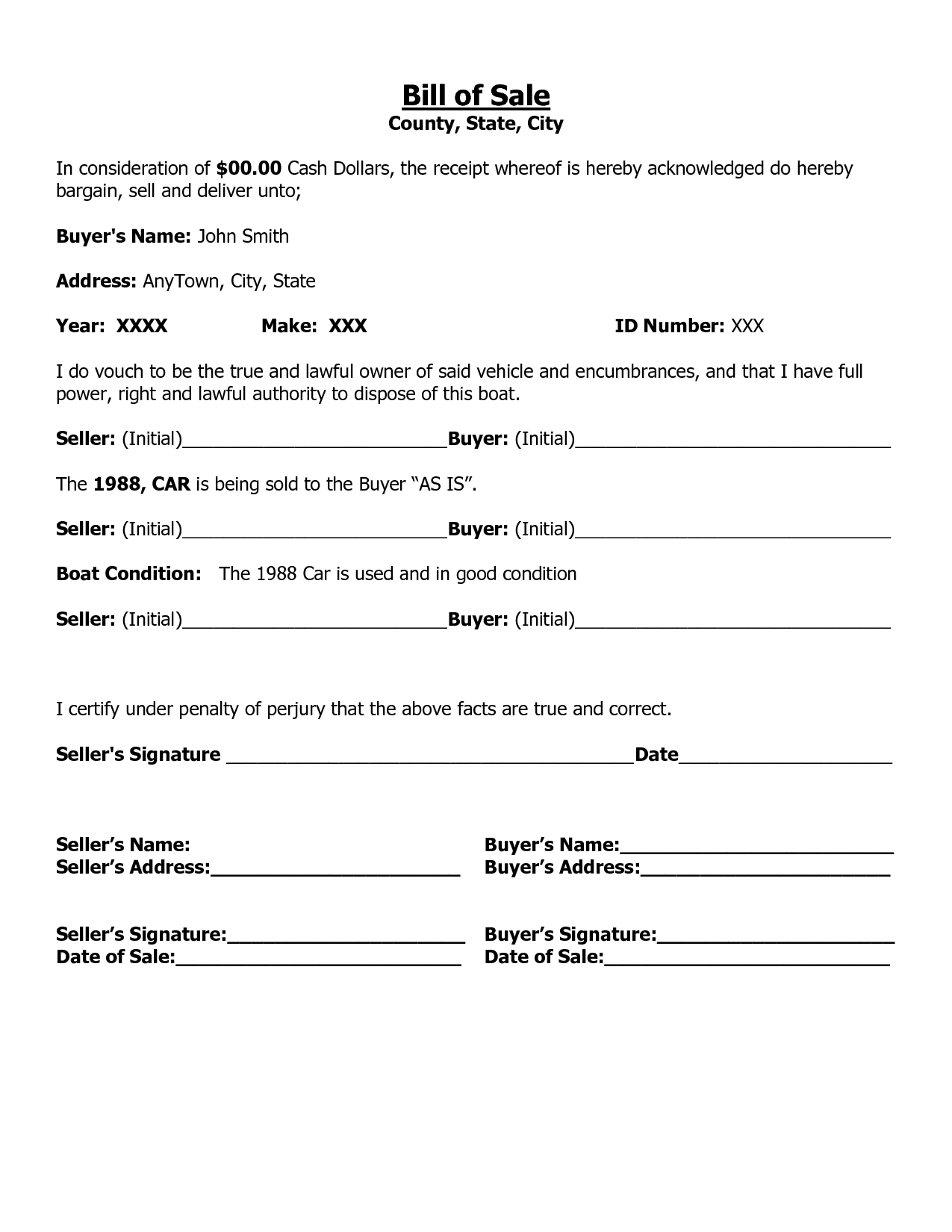 Free Printable Car Bill Of Sale Form GENERIC 