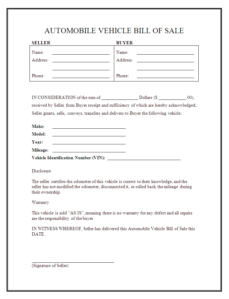Free Printable Free Car Bill Of Sale Template Form GENERIC 