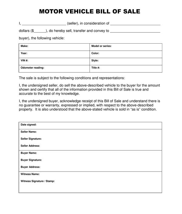 Free Printable Free Car Bill Of Sale Template Form GENERIC 