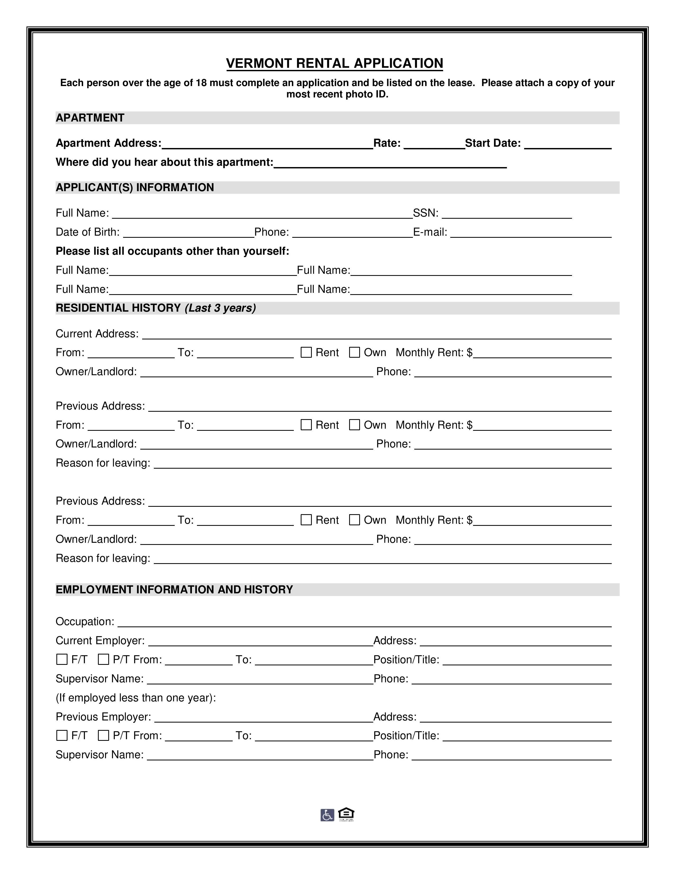 Free Vermont Rental Application Form PDF EForms Free 