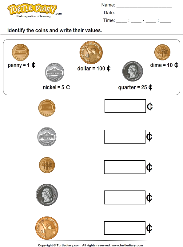 Identify Coins And Write Their Values Worksheet Turtle Diary