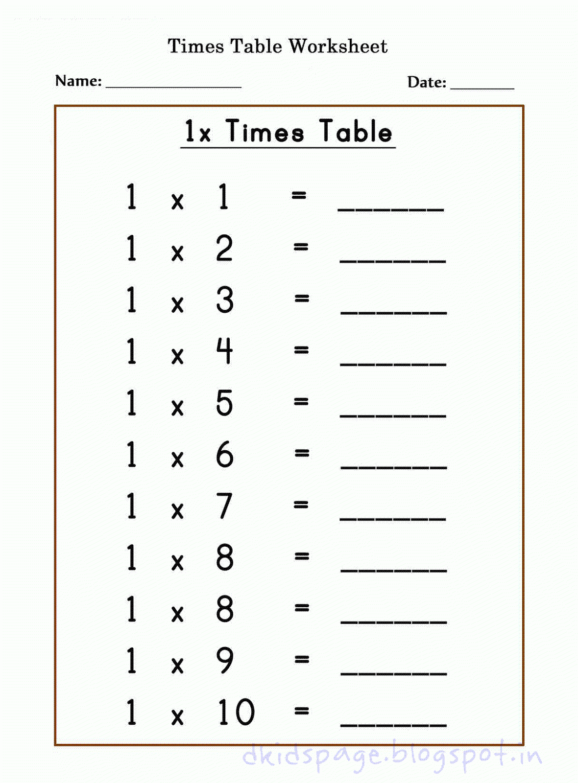 Kids Page Printable 1 X Times Table Worksheets For Free