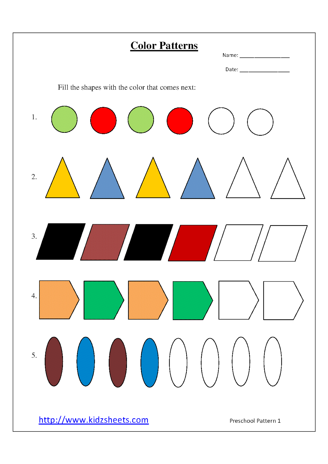 Kidz Worksheets Preschool Color Patterns Worksheet1