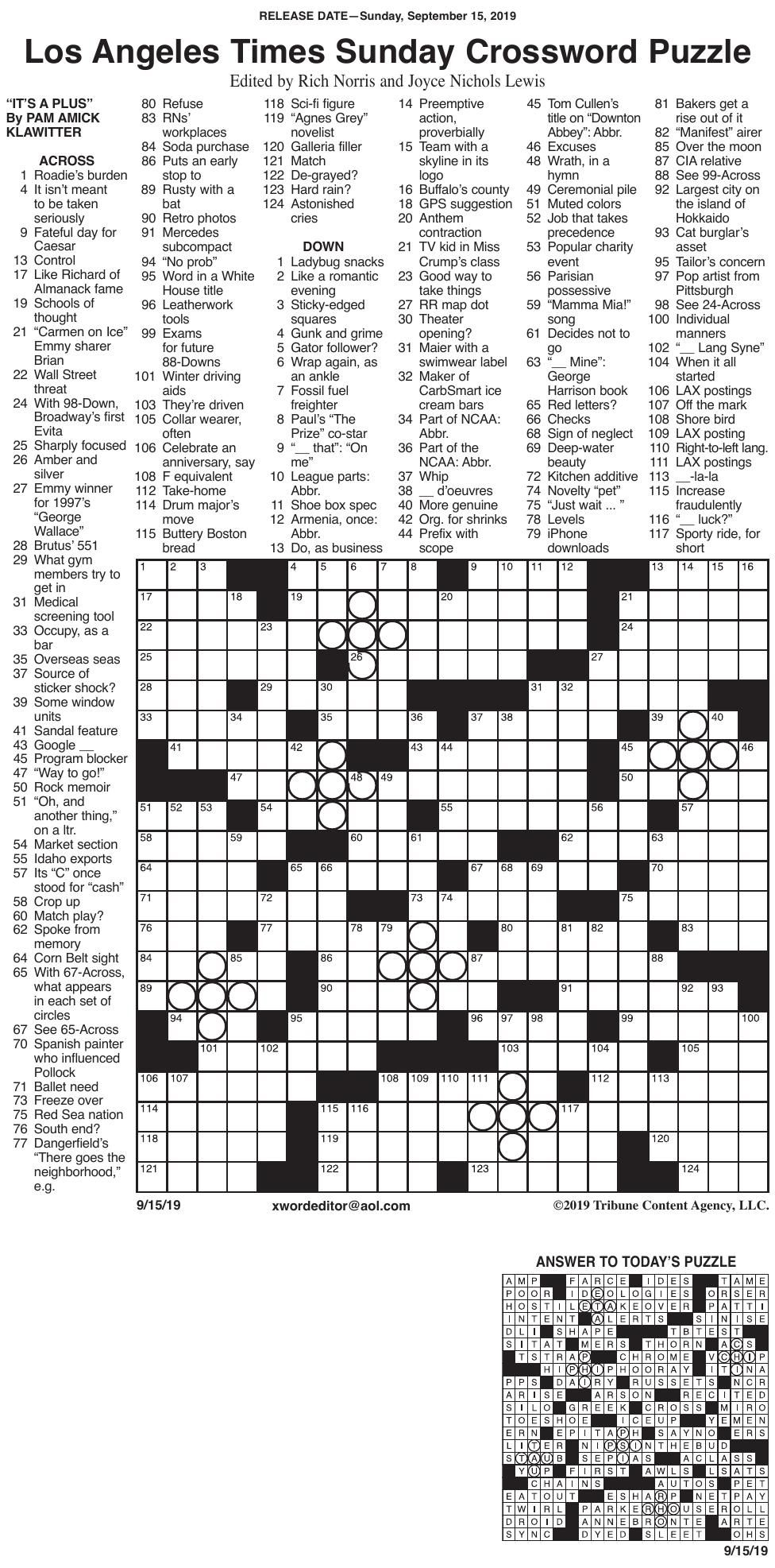 La Times Printable Crossword Puzzles 2020