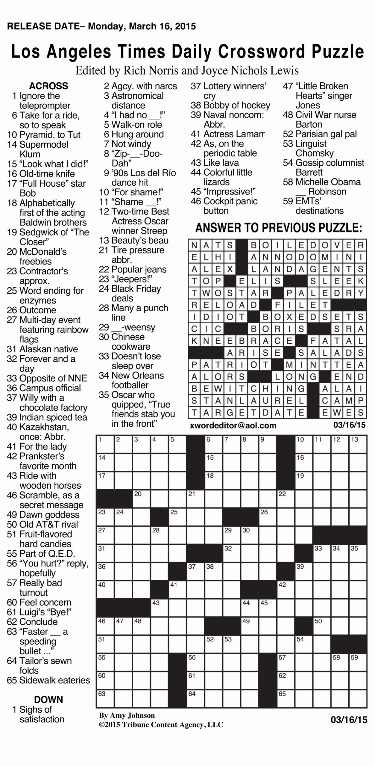 Los Angeles Times Sunday Crossword Printable In 2021 