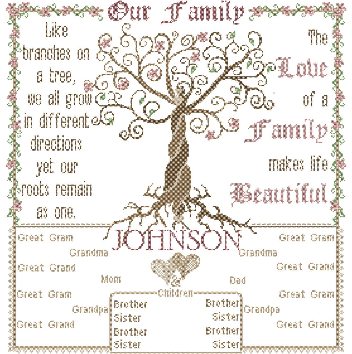 Modern Large Family Tree Cross Stitch Pattern Cross 