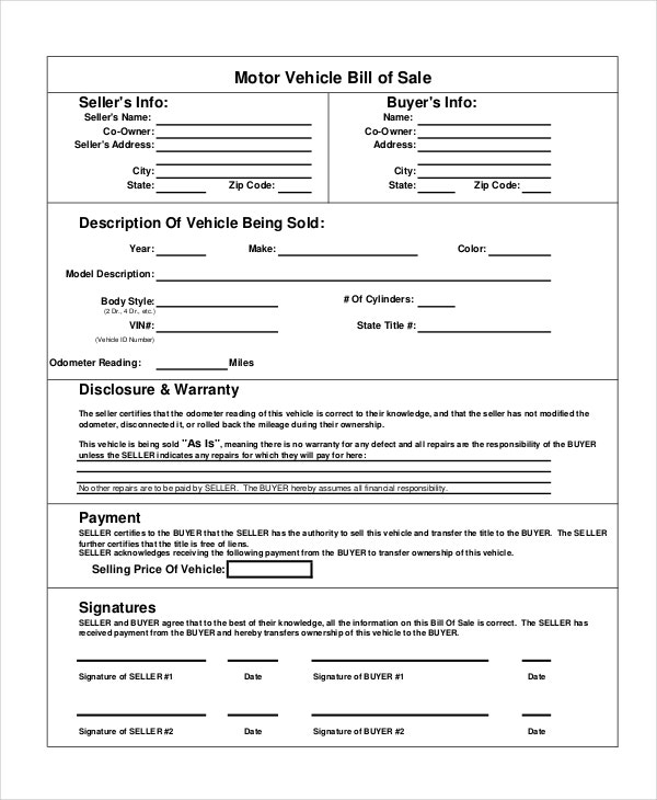 Motor Vehicle Bill Of Sale 7 Free Word PDF Documents