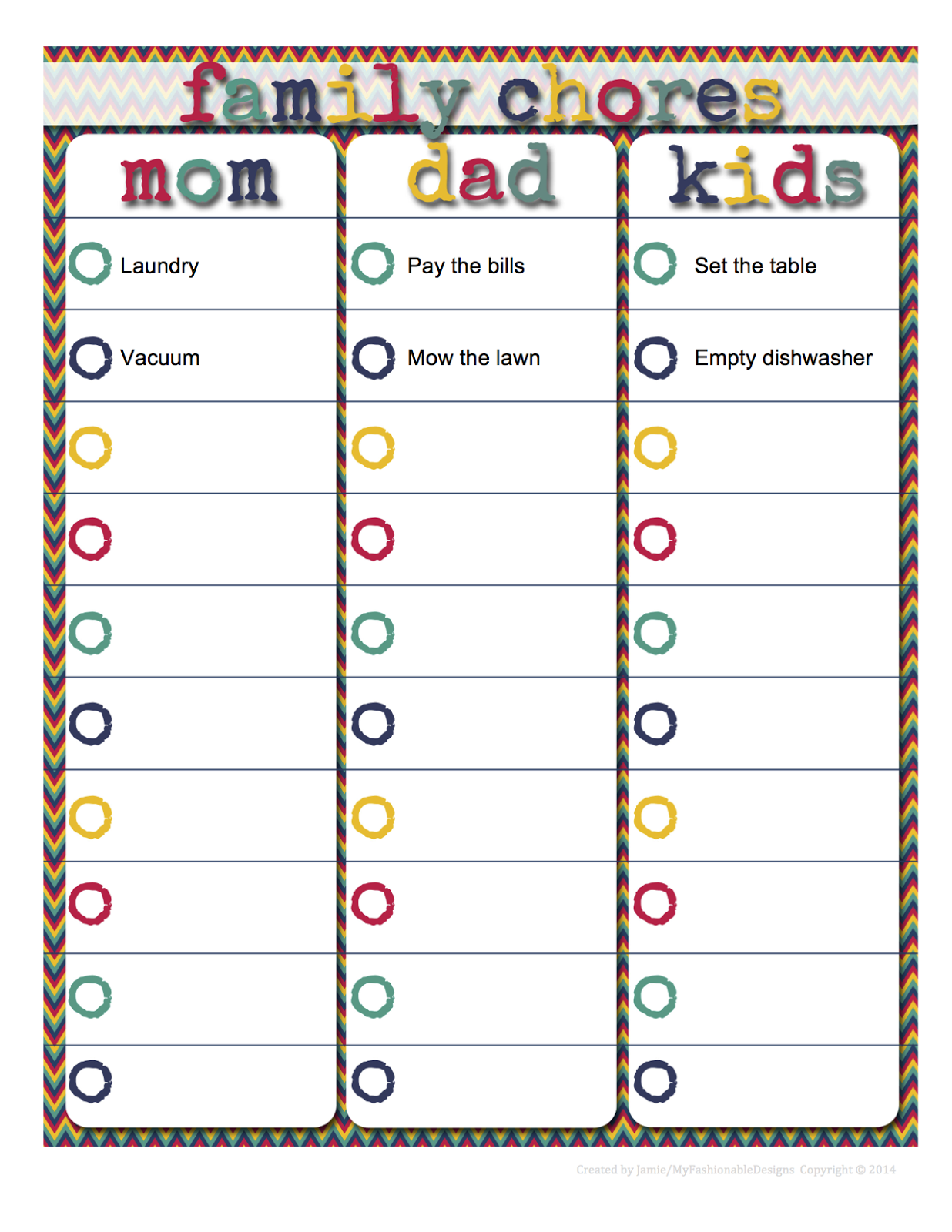 My Fashionable Designs Family Chore Chart Editable In 