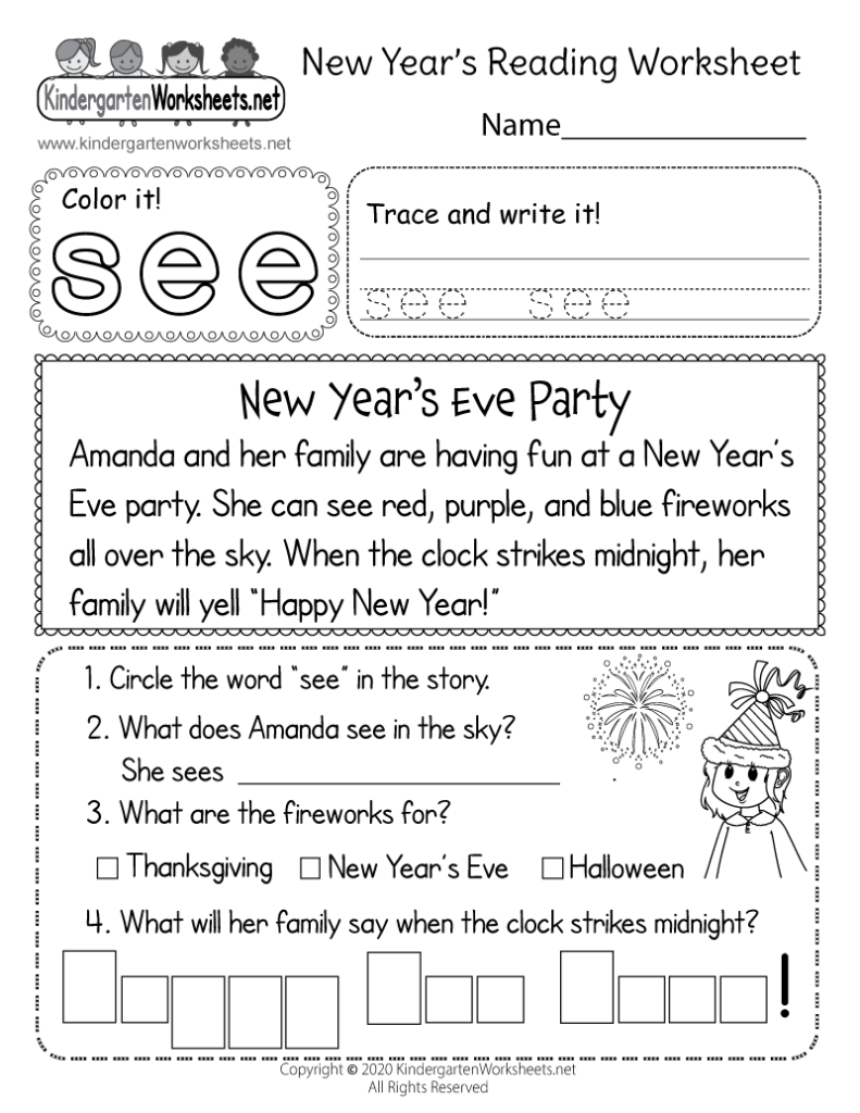 New Year S Reading Worksheet Free Kindergarten Holiday