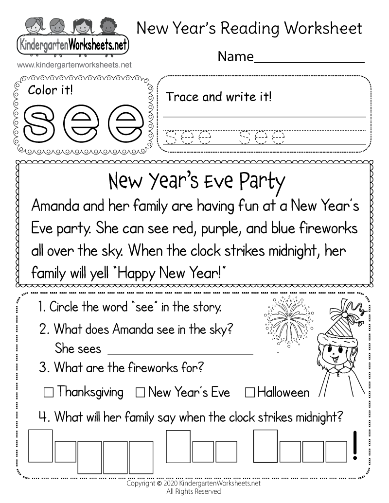 New Year s Reading Worksheet Free Kindergarten Holiday 