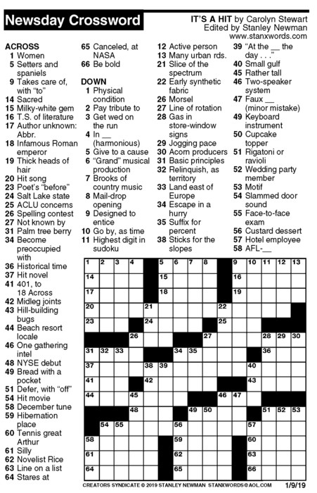 Newsday Crossword Puzzle For Jan 09 2025 By Stanley 