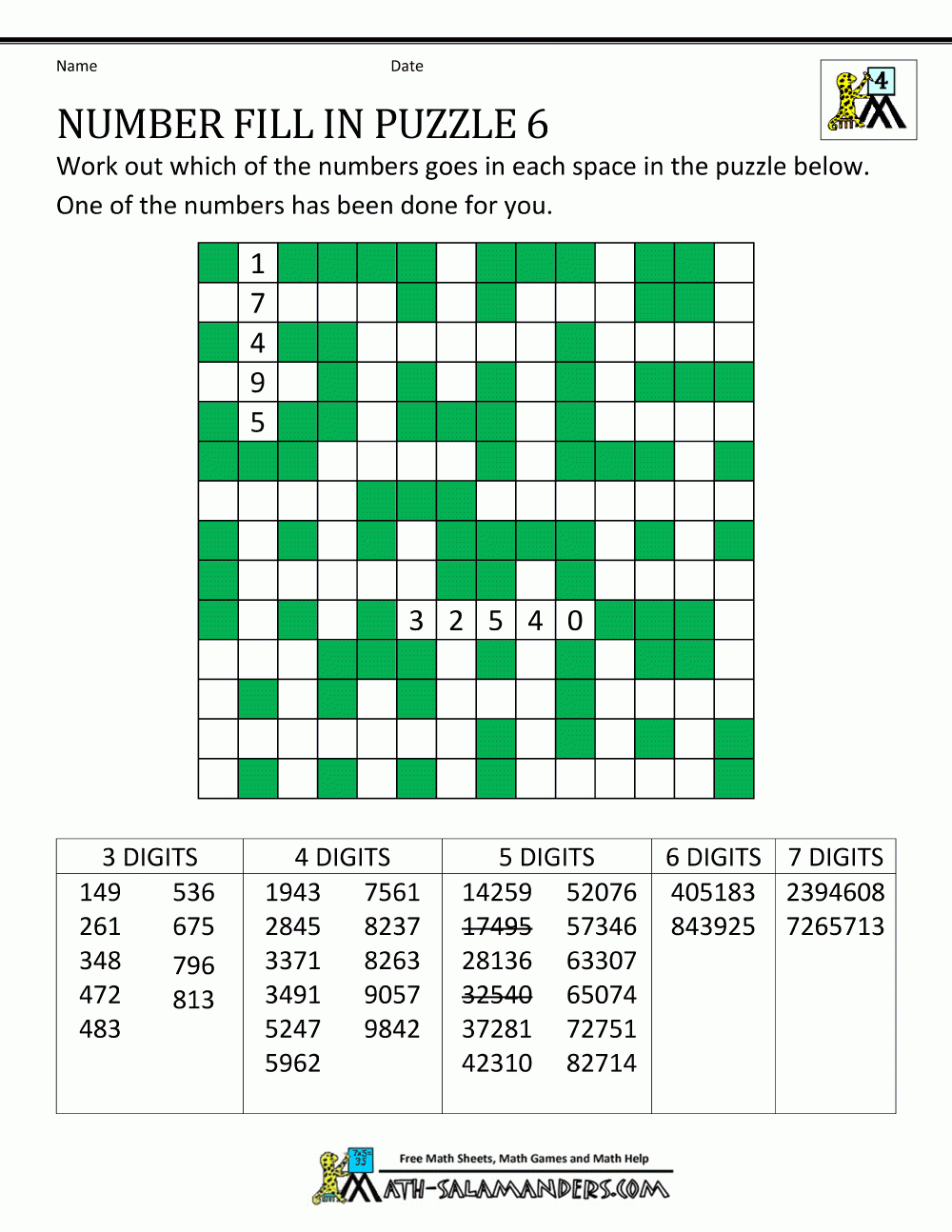 Number Fill In Puzzles