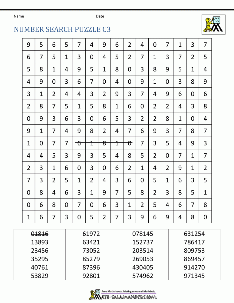 Number Search Worksheets