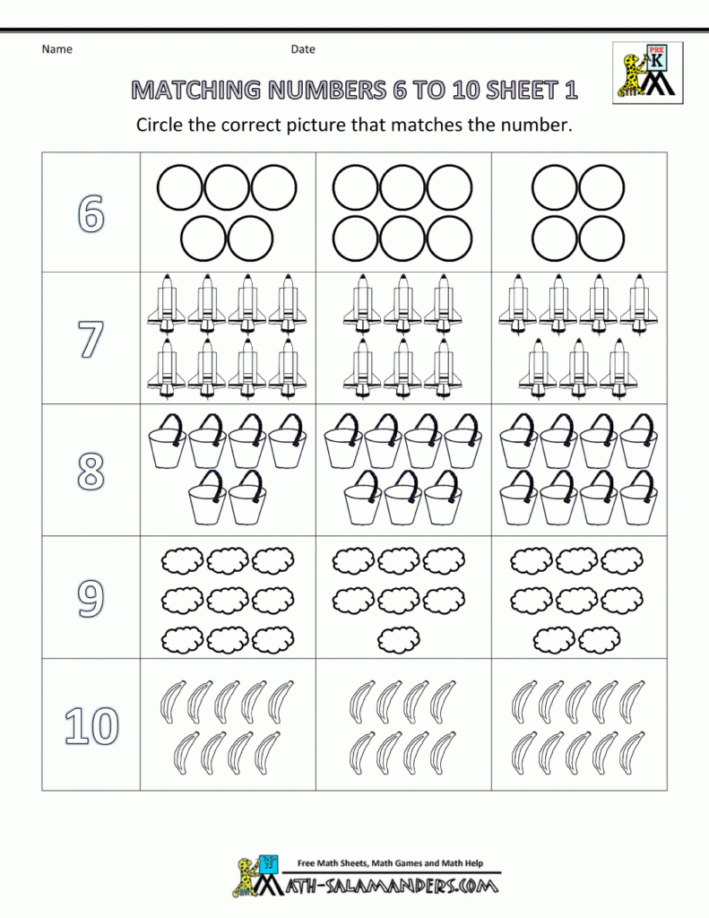 Pre K Math Worksheets Matching 6 To 10