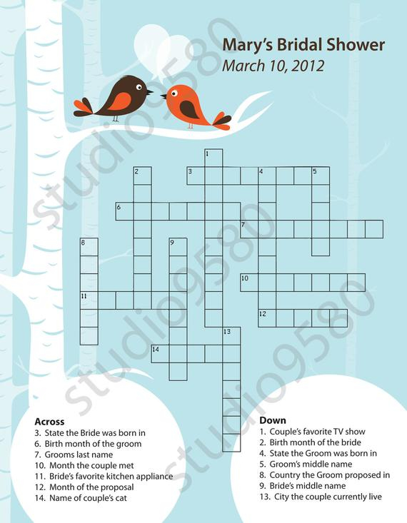 Printable Crossword Puzzle Bridal Shower Game By EliNicDesigns