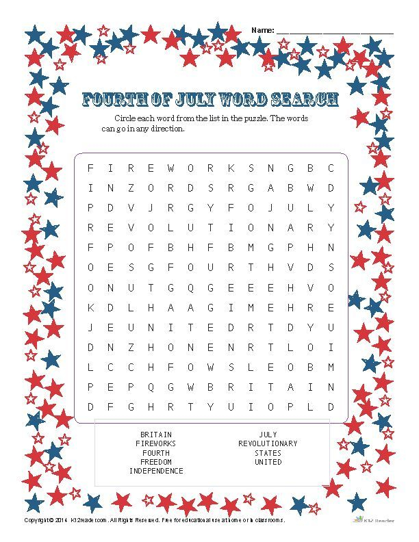 Printable Fourth Of July Word Search Activity Fourth Of 