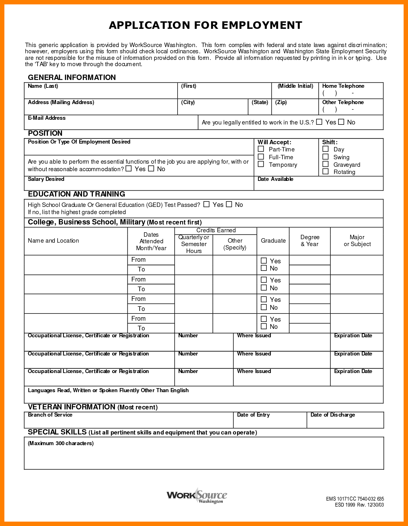 Printable Generic Job Application Form Template Business 